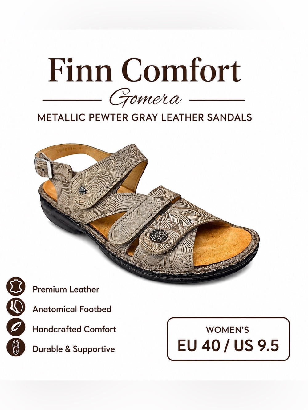 Finn Comfort Gomera Metallic Pewter Gray Leather Sandals Women’s EU 40 US 9.5